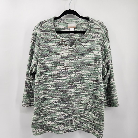 Alfred Dunner Woman 1X Green Gray Abstract Print 3/4 Sleeve Casual Sweater - Picture 1 of 5